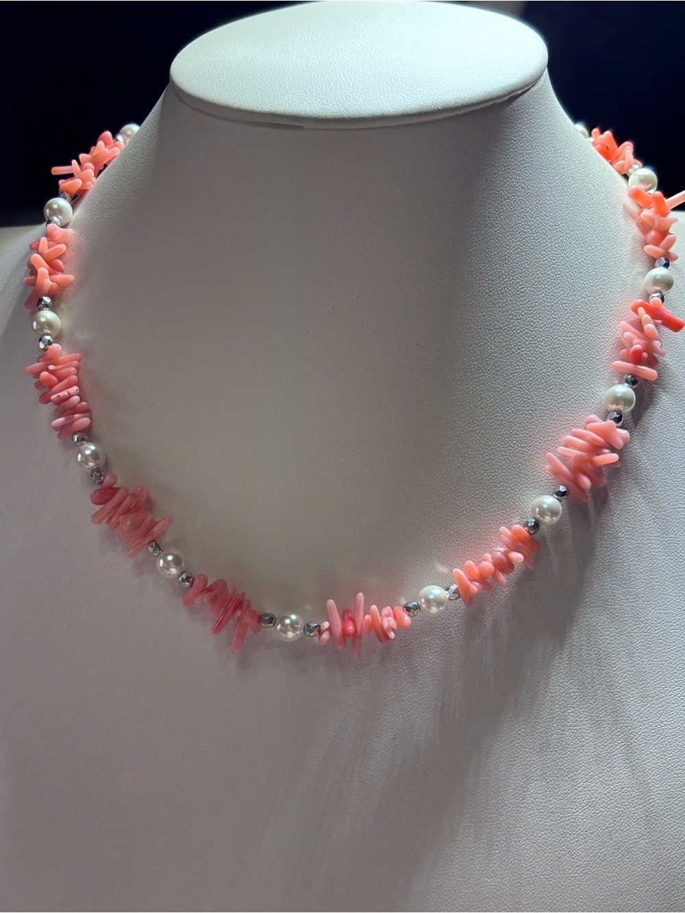 Handmade Pink Coral Chip and Pearl Necklace 16.5 inches